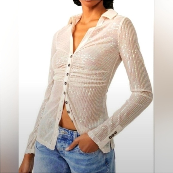 NWT Free People Ivory Sequin Button-Down Blouse - Picture 1 of 7